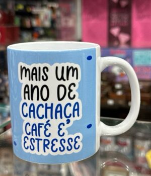 CANECA DE PORCELANA BRANCA ANIVERSÁRIO AZUL