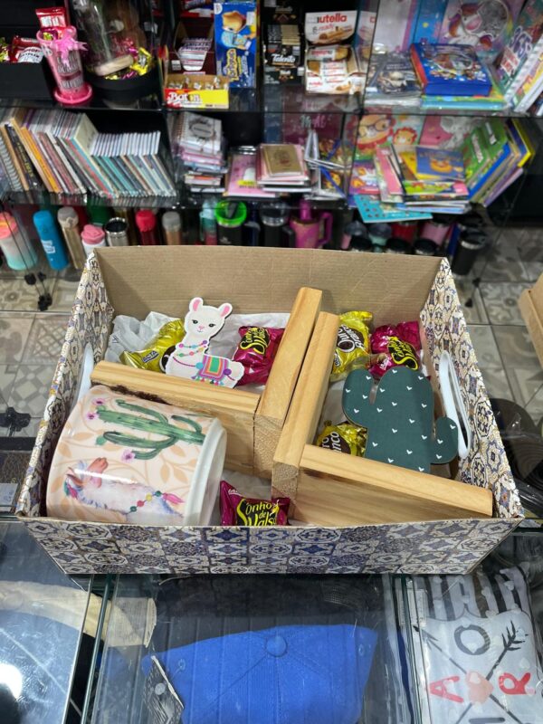 CAIXA LHAMA COM APARADOR DE LIVROS, CANECA E BOMBONS