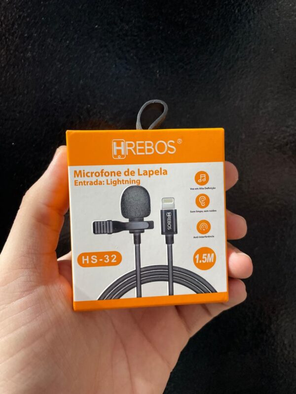MICROFONE DE LAPELA COM FIO HREBOS HS-32 LIGHTNING PARA IPHONE