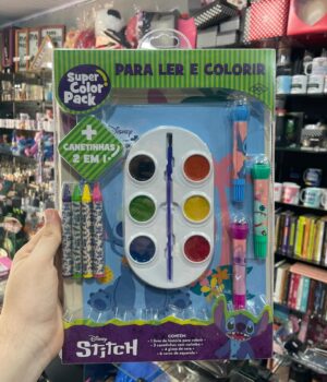 KIT STITCH PARA COLORIR COM LIVRO, CANETINHAS COM CARIMBO, GIZ DE CERA E AQUARELA