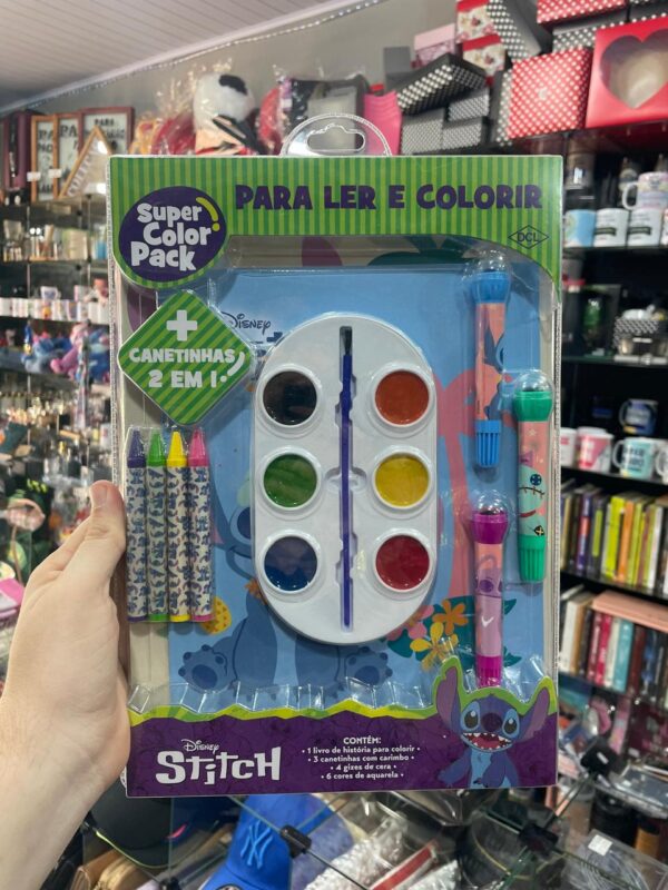 KIT STITCH PARA COLORIR COM LIVRO, CANETINHAS COM CARIMBO, GIZ DE CERA E AQUARELA