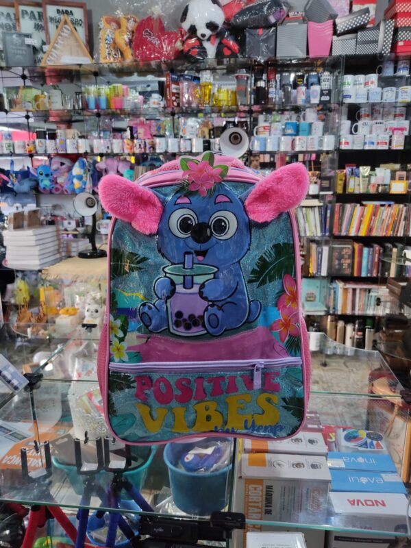 MOCHILA AZUL COM ROSA POSITIVE VIBES