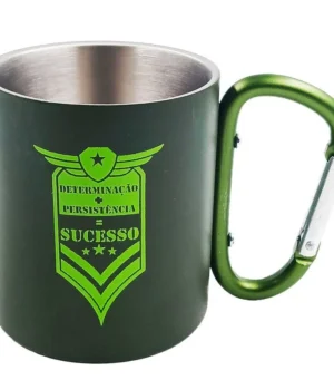CANECA INOX COM MOSQUETÃO DETERMINAÇÃO + PERSISTÊNCIA = SUCESSO 220ML