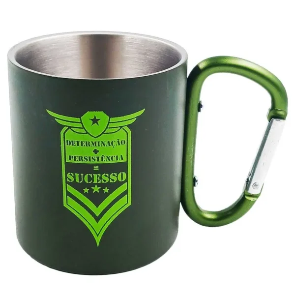 CANECA INOX COM MOSQUETÃO DETERMINAÇÃO + PERSISTÊNCIA = SUCESSO 220ML