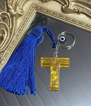 CHAVEIRO DE RESINA | LETRA T | AZUL COM OLHO GREGO