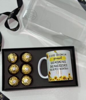 CESTA CANECA DE PORCELANA COM 6 FERREROS GIRASSOL