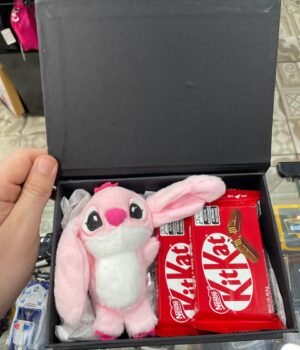 CAIXA ROMÂNTICA EU E CASCA DE BALA COM CHAVEIRO DE PELÚCIA E 2 CHOCOLATES