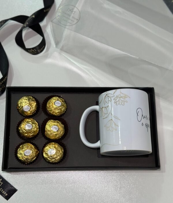 CESTA CANECA DE PORCELANA COM 6 FERREROS ORAR CONFIAR E ESPERAR