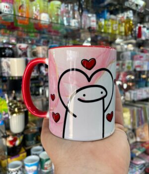 CANECA DE PORCELANA FELIZ ANIVERSÁRIO ALÇA E INTERIOR VERMELHO FLORK