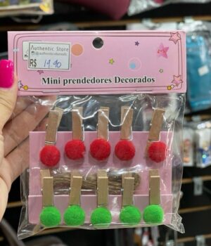 MINI PRENDEDORES DECORADOS POMPOM VERDE & VERMELHO 10 UNIDADES