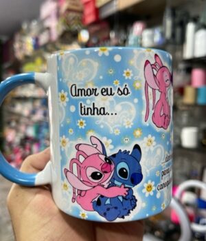CANECA PORCELANA AZUL AMOR EU SÓ TINHA DINHEIRO PARA UMA CANEQUINHA STITCH