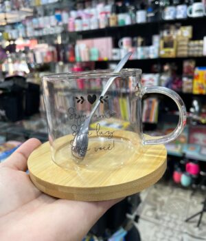 CANECA DE VIDRO COM BASE E COLHER SEJA AMOR SEJA LUZ SEJA VOCÊ! 250ML