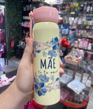 GARRAFA ALUMÍNIO AMARELO E TAMPA ROSA MÃE EU TE AMO! 600ML