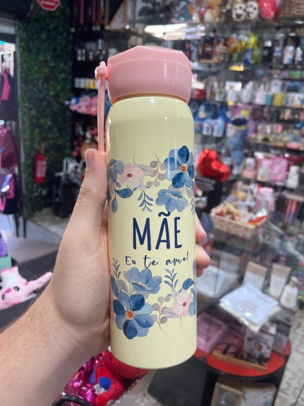 GARRAFA ALUMÍNIO AMARELO E TAMPA ROSA MÃE EU TE AMO! 600ML
