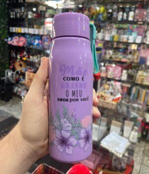 GARRAFA PLÁSTICO LILÁS SQUEEZE MÃE COMO É GRANDE O MEU AMOR POR VOCÊ 500ML