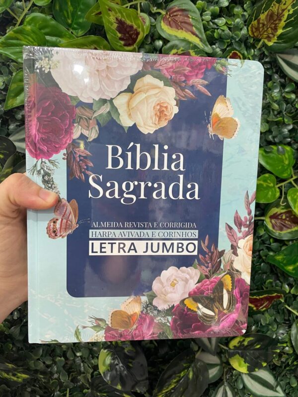 BÍBLIA ARC AZUL FLORES HARPA AVIVADA E CORINHOS CAPA DURA LETRA JUMBO