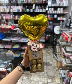 KIT ROMÂNTICO COM CHAVEIRO DE MACAQUINHO, FERRERO E BALÃO DOURADO