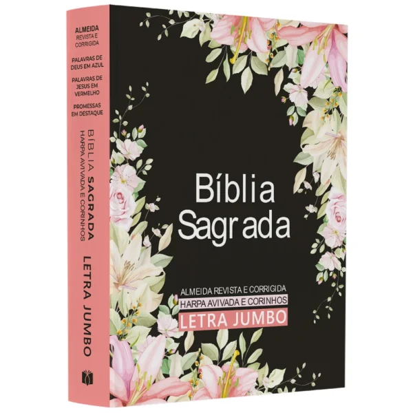 BÍBLIA ARC PRETA FLORES HARPA AVIVADA E CORINHOS CAPA DURA LETRA JUMBO