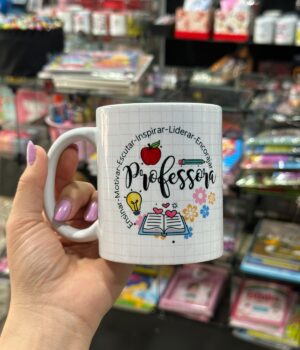 CANECA PORCELANA PROFESSORA FRASE ENSINAR - MOTIVAR - ESCUTAR - INSPIRAR - LIDERAR - ENCORAJAR