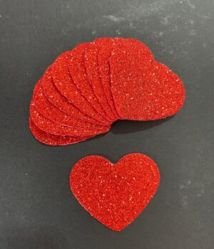 10 CORAÇÕES VERMELHOS DE EVA COM GLITTER 5x4,4CM PARA SURPRESAS ROMÂNTICAS OU DECORAÇÕES
