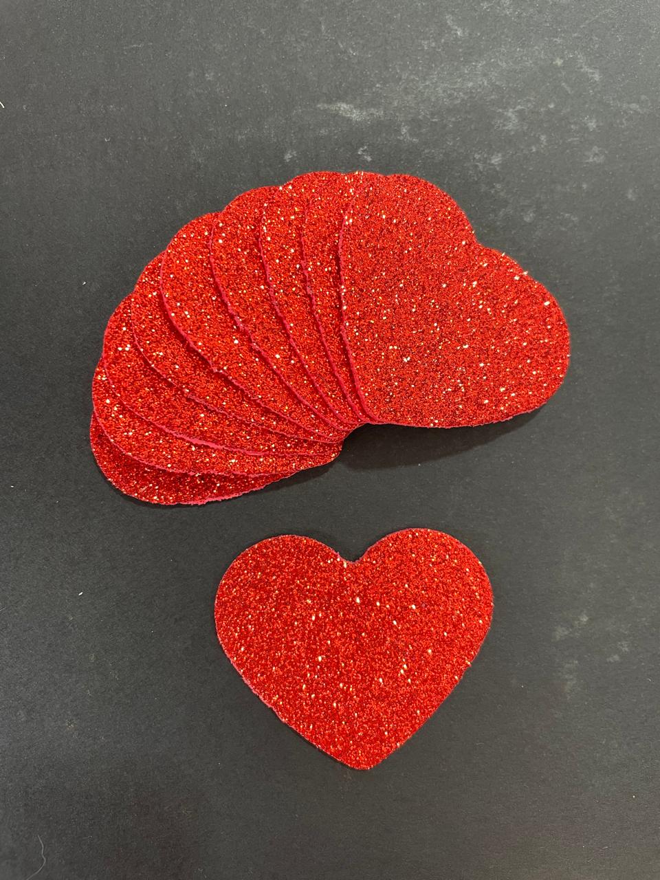 10 CORAÇÕES VERMELHOS DE EVA COM GLITTER 5x4,4CM PARA SURPRESAS ROMÂNTICAS OU DECORAÇÕES